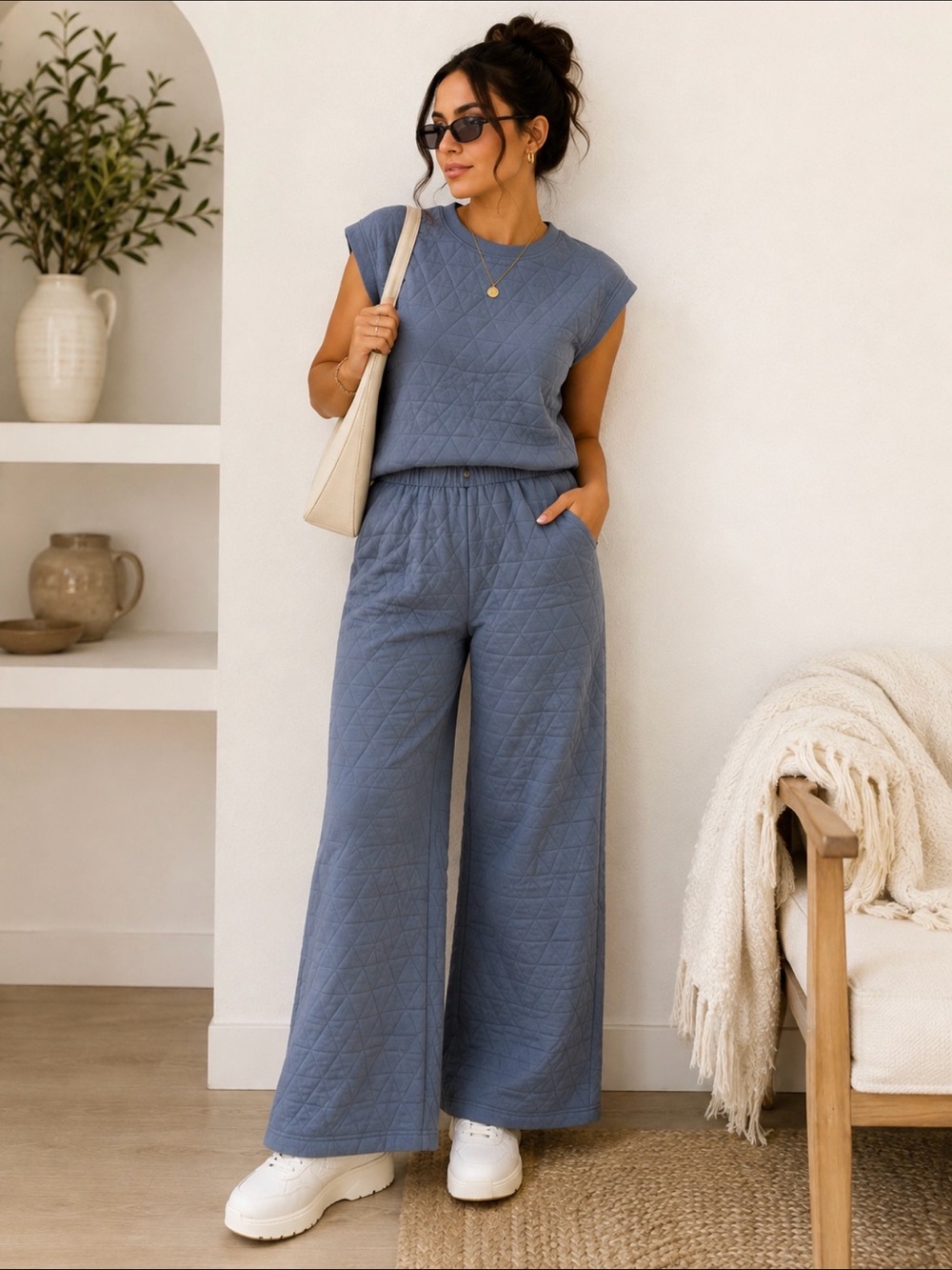 Travel Resort Wear Modern Sleeveless Quilted Wide-Leg Jumpsuit in Dusty Blue